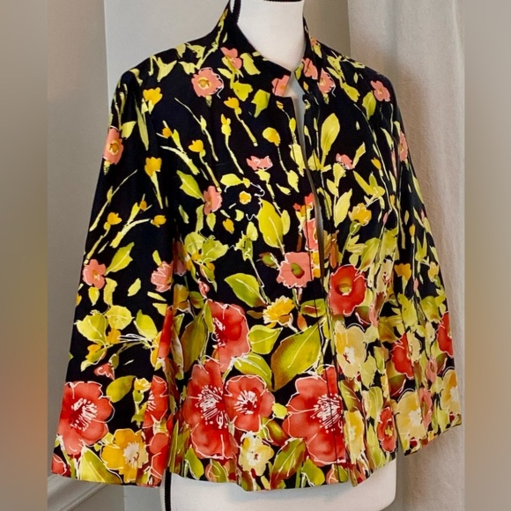 Erin London Floral Open Front Jacket Watercolor Abstract Black Pink Yellow PM